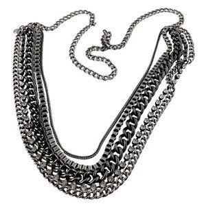 J Crew Multi Chain Layered Endless Necklace, Silver Tone, Rhinestones, Grunge